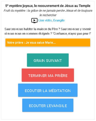 L'interface présente sur smartphone des boutons plus larges et la possibilité d'écouter la méditation et l'Evangile